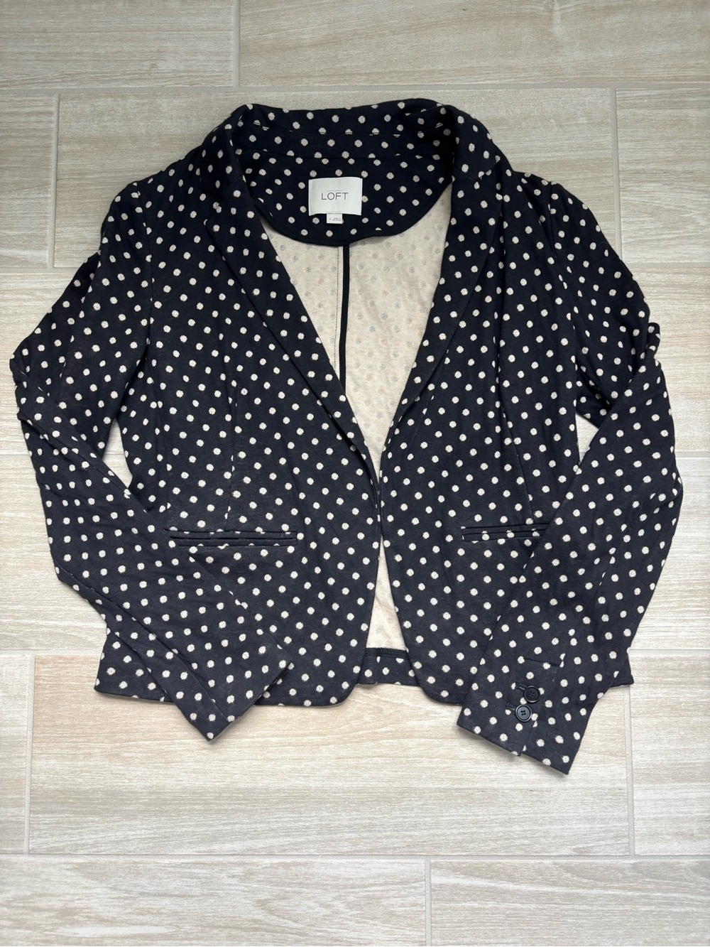 LOFT Size 4 Black Blazer with Cream Polka Dots